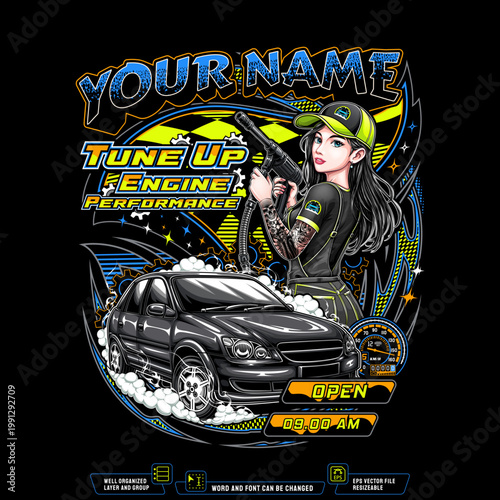 T-shirt design for car repair shop with girl character