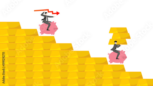 Declining gold bar chart graph and financial crisis, businessman riding piggy bank, investment loss and market recession concept, wealth devaluation
