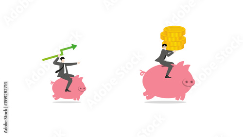 Financial investment concept, businessman riding piggy bank with stacks of coins, wealth management and successful money saving for long-term profit goals