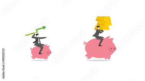 Businessman riding piggy bank holding gold bars, wealth management and investment strategy, financial success and secure assets growth, economic prosperity