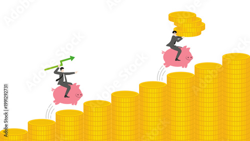 Financial market growth concept, businessman riding piggy bank on rising coin bar chart, wealth accumulation and strategic investment planning for profit
