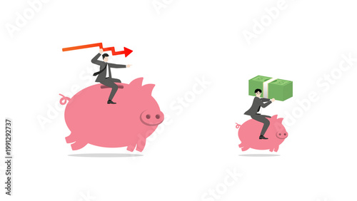 Financial loss and economic crisis concept, businessman riding piggy bank with red down arrow, investment risk and market downturn, capital reduction strategy