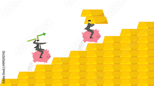 Rising gold bar chart graph with businessman riding piggy bank, investment success and wealth management concept, financial prosperity and growth trend