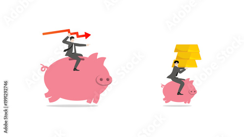 Market downturn and financial crisis concept, businessman riding piggy bank with gold bars and red down arrow, investment risk and capital loss analysis