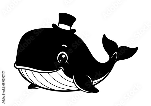 Playful cartoon whale wearing a vintage top hat illustration.