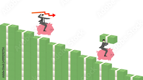 Financial crisis and economic recession concept, businessman riding piggy bank on falling money bar chart, investment loss and market downturn strategy
