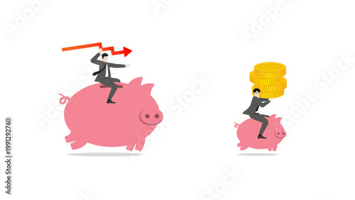 Investment risk and economic recession concept, businessman riding piggy bank with red down arrow and coins, financial crisis and capital loss management