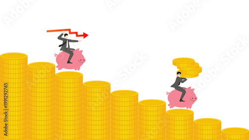 Declining coin bar chart graph and financial crisis, businessman riding piggy bank, investment loss and market recession concept, economic downturn