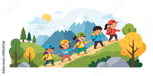 Happy Children Hiking in Nature with Backpacks Mountain Trail Adventure and Outdoor Exploration Design