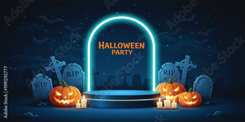 Halloween Party Banner with Glowing Podium Pumpkins Tombstones Candles and Spooky Night Graveyard Background Design