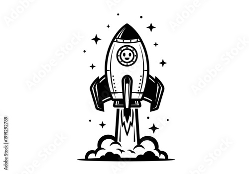 Vintage hand-drawn rocket launching into starry space.