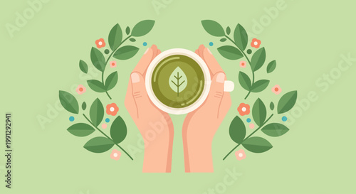 International Tea Day background with hands holding a cup of matcha green tea and floral branches