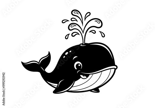 Cute black and white cartoon whale spouting water with smiling face.