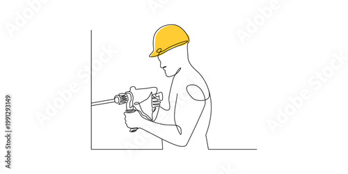 Construction worker in yellow hard hat drilling a wall vector illustration manual labor power tool construction