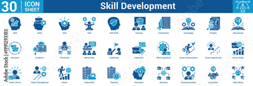 Skill Development editable icon set containing skill, development, training, certification, and more.