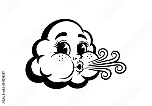 Vintage cartoon cloud character blowing a playful gust of wind.