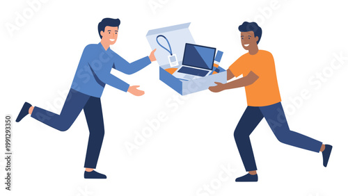 Happy men exchanging a new laptop and tech accessories in a box