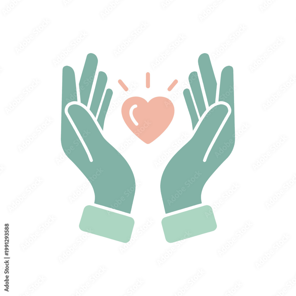 Obraz premium Two open hands gently holding a glowing heart symbol, representing care, love, and support.