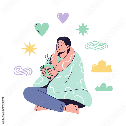 A person wrapped in a blanket holding a warm mug, surrounded by soft, comforting symbols.