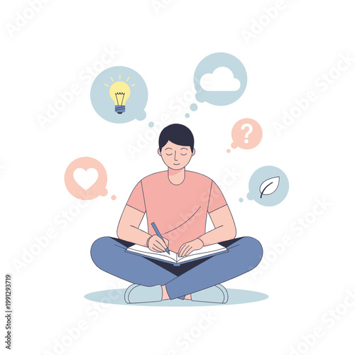Young man sitting cross-legged, writing in a notebook, with thought bubbles showing ideas, love, questions, and nature.