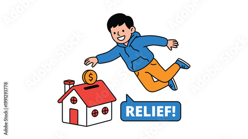 Happy Boy Saving Money in House Piggy Bank for Relief. Home Savings, Financial Planning, and Charity Donation Concept.
