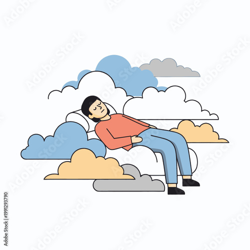 Man peacefully sleeping on a cloud surrounded by other fluffy clouds, representing dreams and relaxation.