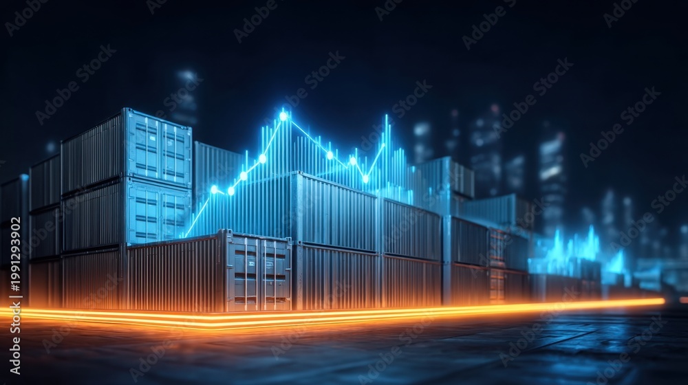 Naklejka premium Visual Representation of Data Analysis with Shipping Containers and Abstract Graph in a Modern Urban Setting