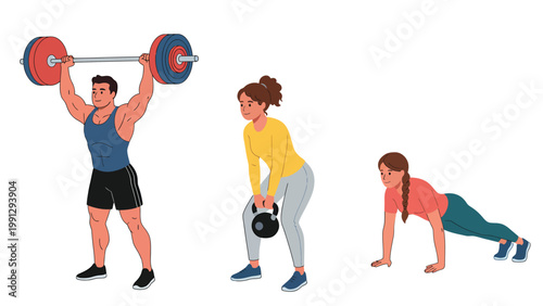 Strength Training Workout Set: Weightlifting, Kettlebell, and Plank Exercises for Fitness and Active Lifestyle