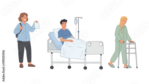 Medical care concepts: patient in hospital bed with IV, visitor, and elderly woman using a walker for rehabilitation illustration.