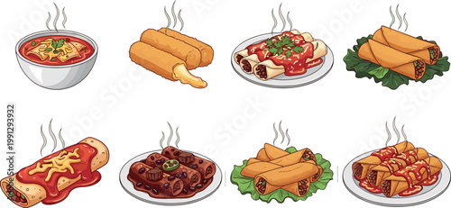 Mexican food set with tacos enchiladas burritos and chili dishes traditional cuisine illustration collection isolated on white background