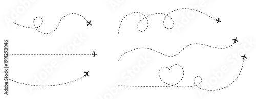 Airplane Flight Path and Travel Route Icon Set. Planes dotted flight pathway. Plane paths. Aircraft tracking, planes, travel, map pins, location pins. Romantic travel, heart dashed line trace and plan