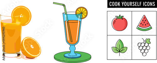 Fresh Orange Juice and Tropical Cocktail Set with Cook Yourself Icons Tomato Watermelon Leaf and Grape for Food Design