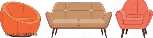 Modern sofa and armchair collection with stylish furniture designs comfortable seating home interior illustration isolated on white background