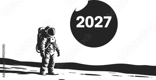 Astronaut silhouette, lunar surface, barren terrain, space exploration, 2027 typography, futuristic mission, celestial body, discovery, cosmic journey, human achievement