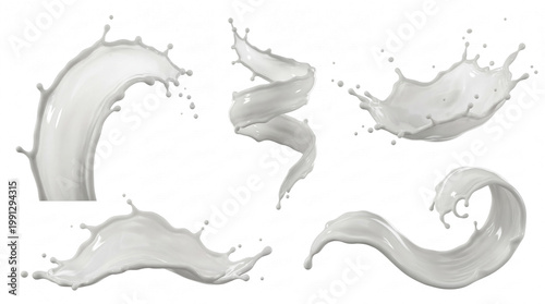 Photos Dynamic milk splashes and elegant swirls with playful drops, a realistic 3D render