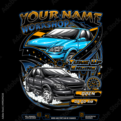 Auto repair workshop tshirt design with classic car