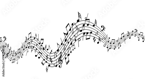 Abstract Musical Notes Wave - Black and White Sheet Music Melody Flow