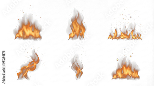 Realistic fire flames and glowing ember elements digital illustration, perfect for dynamic visual effects.