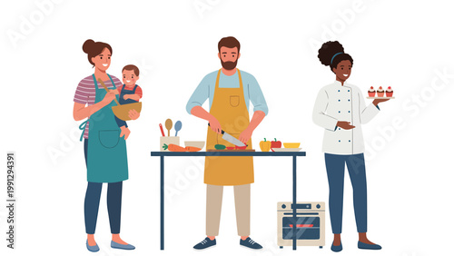 Diverse Culinary Activities: Family, Home Chef, and Professional Baker Preparing Food and Pastries. Cooking and Baking Illustration