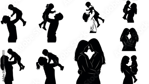 Mother and child silhouettes collection with family love parenting moments hugging lifting and kissing figures isolated on white background