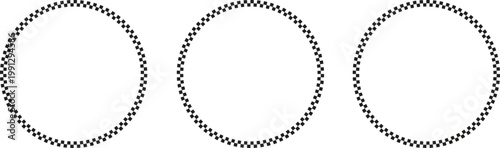 Set of circular dotted frame geometric border elements with checkered pattern decorative round outline shapes minimal abstract vector collection isolated on white background