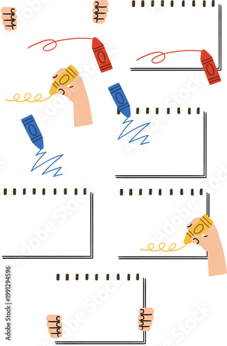 Colorful crayon and sketchbook vector illustration set. Hands holding crayons drawing on blank spiral notebooks for kids art and education concept