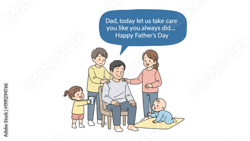 Father's Day Dedication: A tender family scene unfolds as the children gather around their father. A heartwarming expression of appreciation.