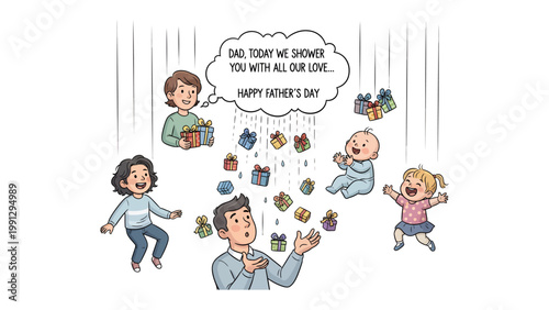 Father's Day Celebration: A heartwarming scene where a father is showered with gifts by his children, symbolizing love and appreciation on Father's Day.