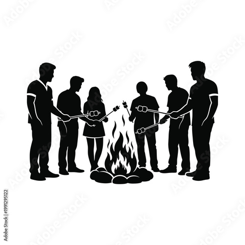 Group of people around bonfire roasting marshmallows on sticks silhouette illustration.