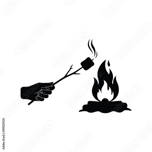 Hand holding stick roasting marshmallow over campfire vector illustration isolated silhouette design.