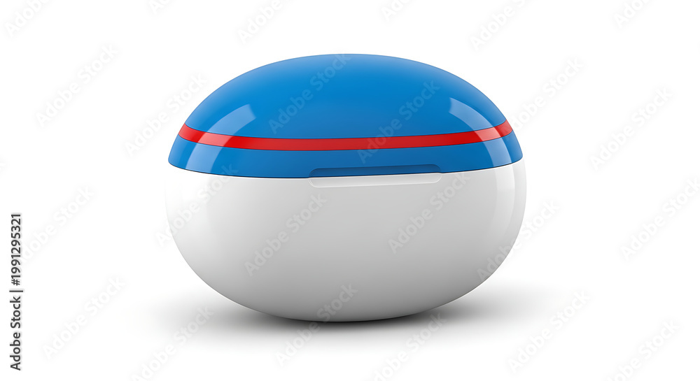 Naklejka premium Blue and white egg-shaped capsule container with a red stripe isolated on a white background. 