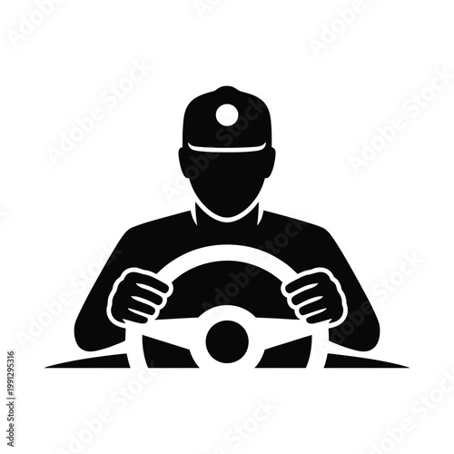 Person driving a vehicle holding a steering wheel wearing a cap looking forward.