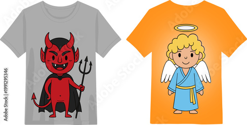 Cartoon Devil and Angel T Shirt Design Illustration Featuring Cute Good and Evil Characters with Wings, Halo, Horns for Apparel, Kids Fashion, and Graphic Print