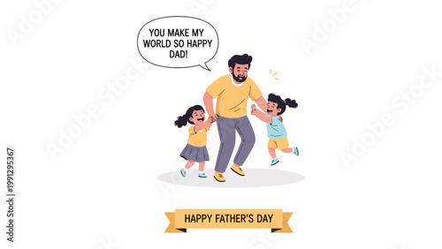 Father's Day joy: a heartwarming illustration captures a father's tender embrace and the joy of his daughters. The father figure and daughters celebrate Father's Day. 